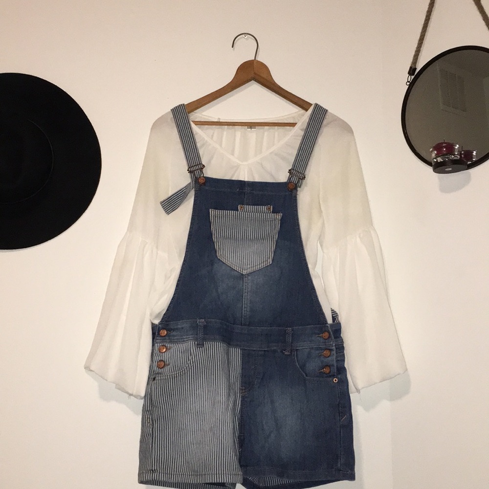 Jean romper. White top.